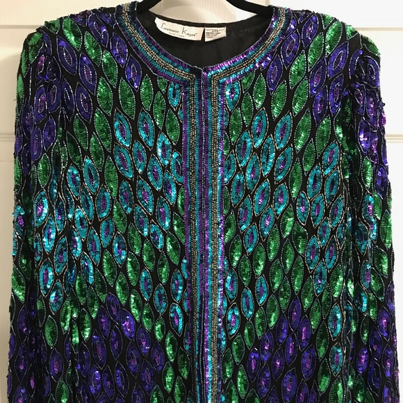 Laurence Kazar Vintage Jacket Large Peacock Blue/Green Sequins - Picture 1 of 6